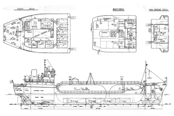 แบบก่อสร้างดั้งเดิมของเรือบรรทุก็ PAK-1 – มุมมองจากด้านบนและด้านข้าง