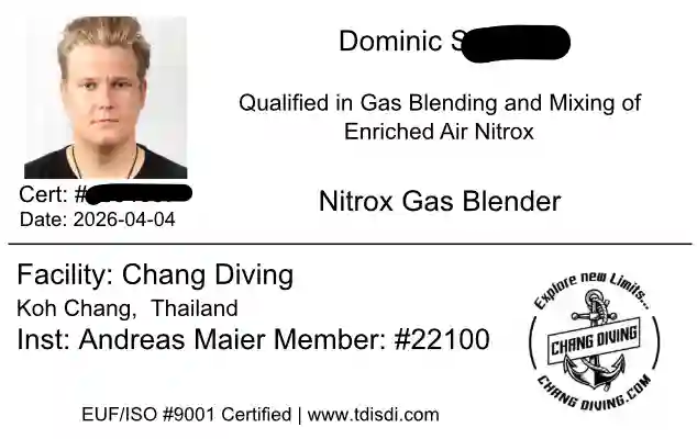 Dominic S.: Nitrox Gas Blender Zertifikatskarte