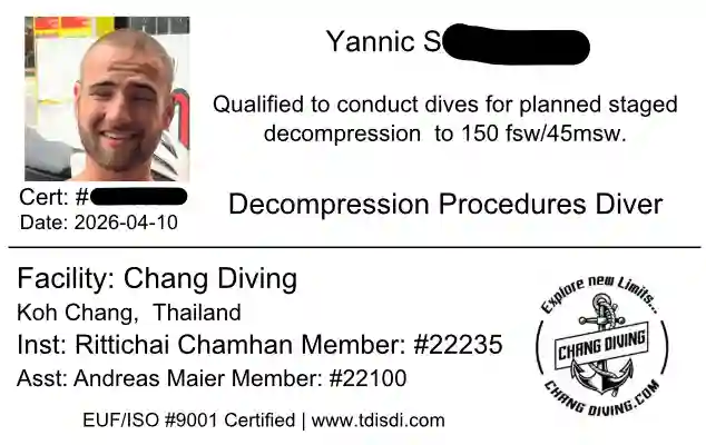 Yannic S.: TDI Dekompressionsverfahren Zertifikatskarte