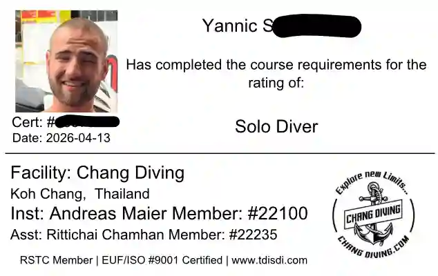 Yannic S.: SDI Solo Diver Zertifikatskarte