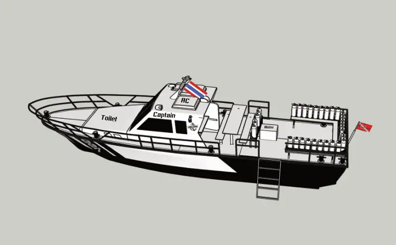 Top view of the Pirm Udom Sub dive boat showcasing its spacious dive deck and layout designed for diving excursions.