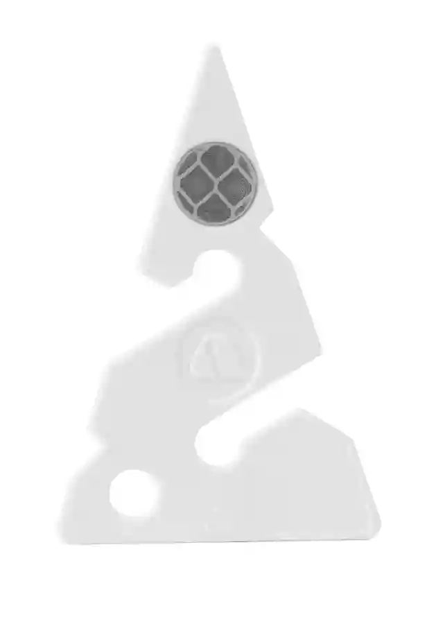 White plastic directional arrow line marker on a wreck or cave diving guideline, pointing toward the nearest exit