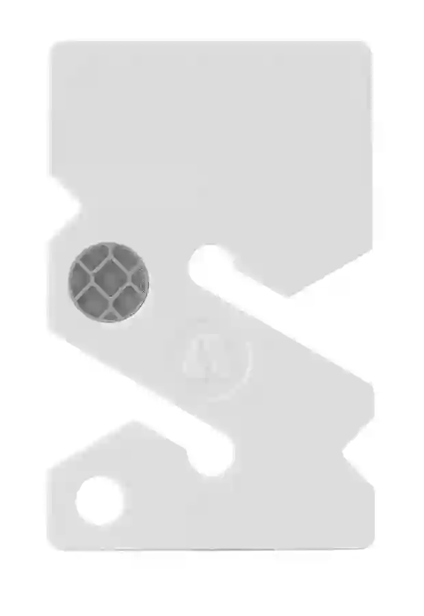 White non-directional reference line marker on a guideline for wreck or cave diving — marks a junction or tie-in without showing exit direction