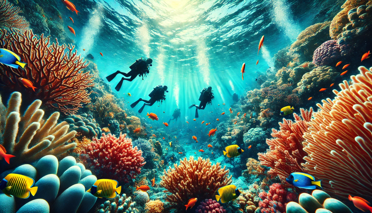 Vibrant underwater scene with divers and tropical fish during a fun dive in Koh Chang.